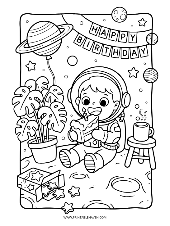 A cute boy astronaut eating cake on the moon under a party banner. Space-themed happy birthday coloring pages for kids.