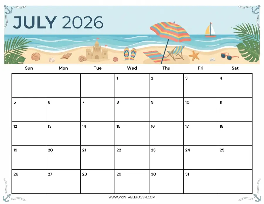 Tropical beach theme July 2026 calendar printable illustrating a summer vacation scene with an ocean, sandcastle, and beach umbrella.
