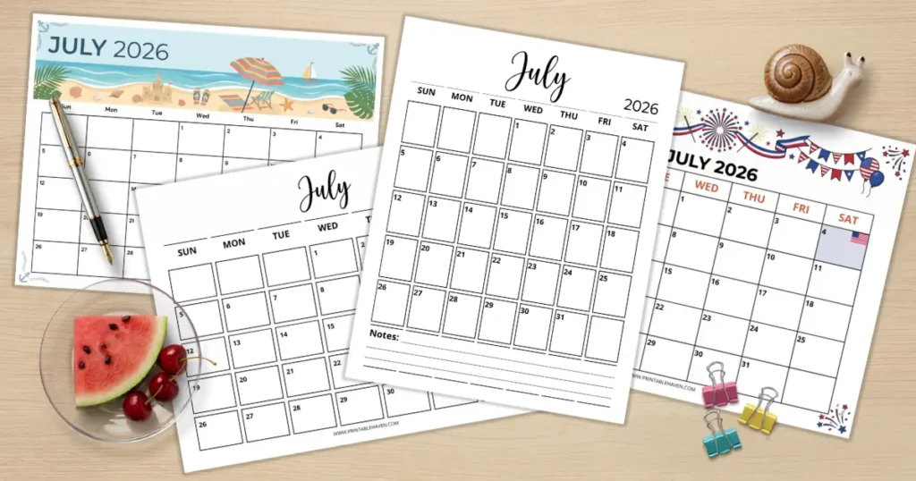 A collection of free printable July 2026 calendar templates fanned out on a wooden desk, featuring minimalist, beach, and patriotic designs surrounded by summer props like a watermelon slice, cherries, and a pen.