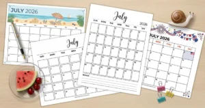 A collection of free printable July 2026 calendar templates fanned out on a wooden desk, featuring minimalist, beach, and patriotic designs surrounded by summer props like a watermelon slice, cherries, and a pen.