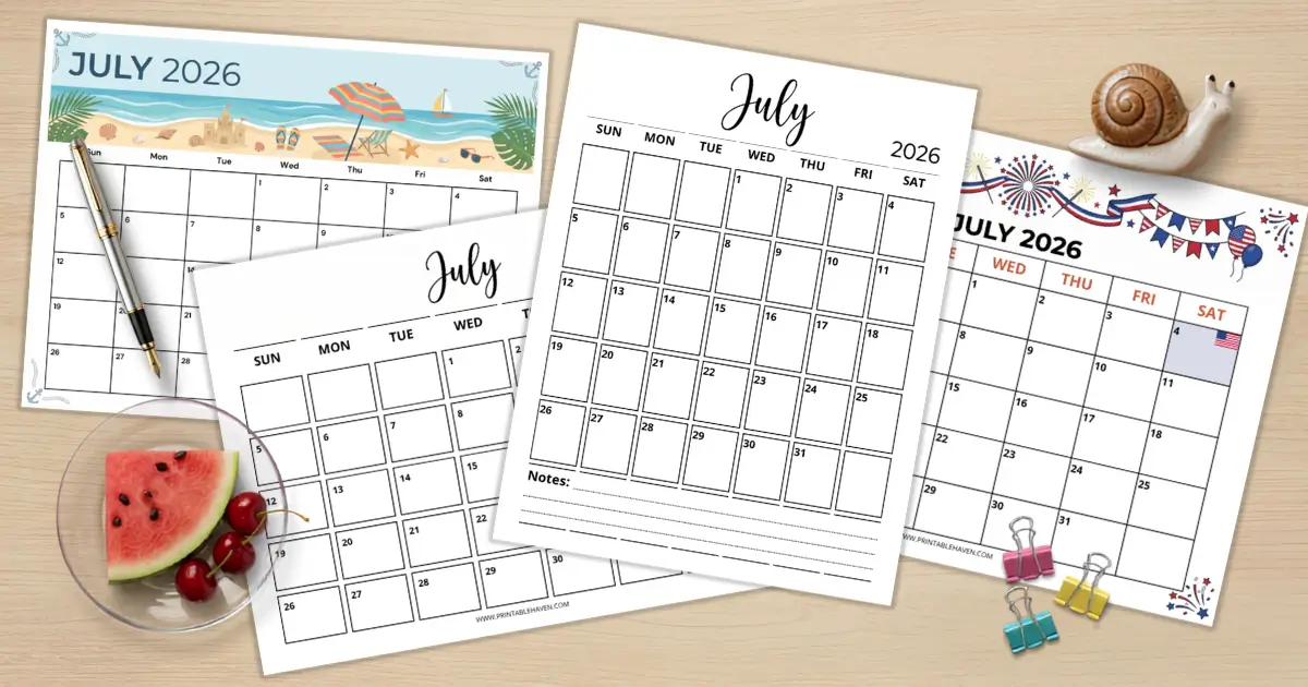 A collection of free printable July 2026 calendar templates fanned out on a wooden desk, featuring minimalist, beach, and patriotic designs surrounded by summer props like a watermelon slice, cherries, and a pen.