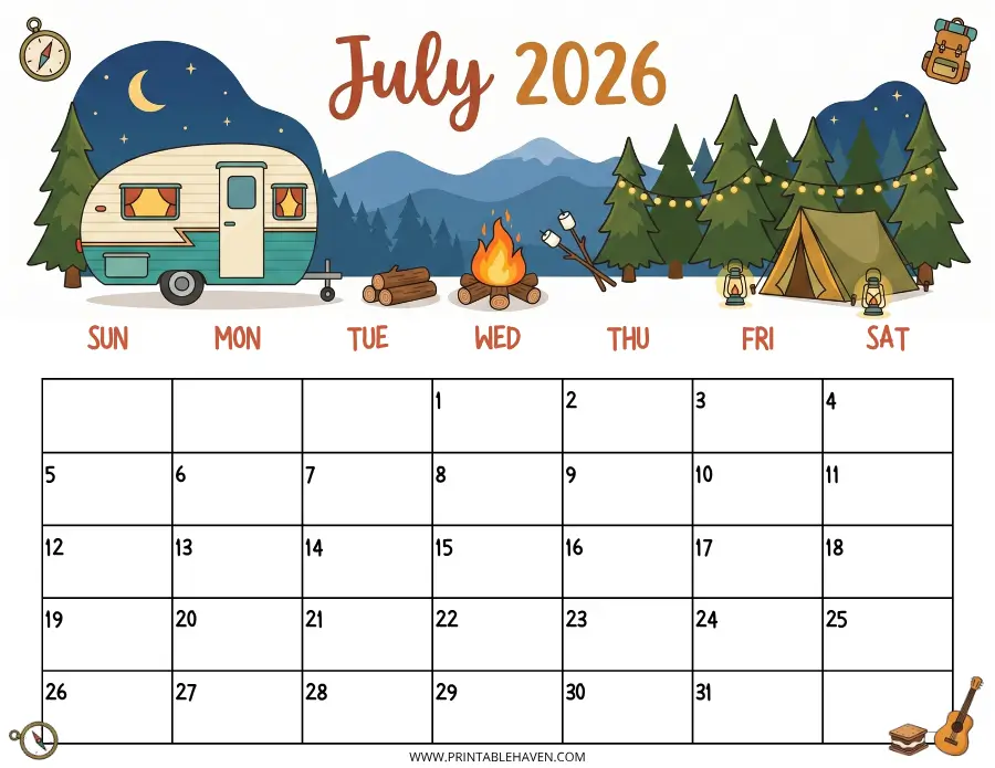 Free printable July 2026 calendar featuring a fun summer camping theme with a camper, tent, and campfire illustrations.