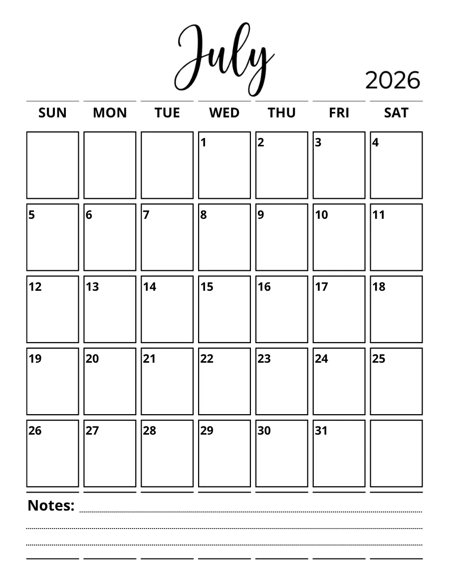 Minimalist portrait July 2026 calendar printable with a clean black and white design and a dedicated notes section at the bottom.