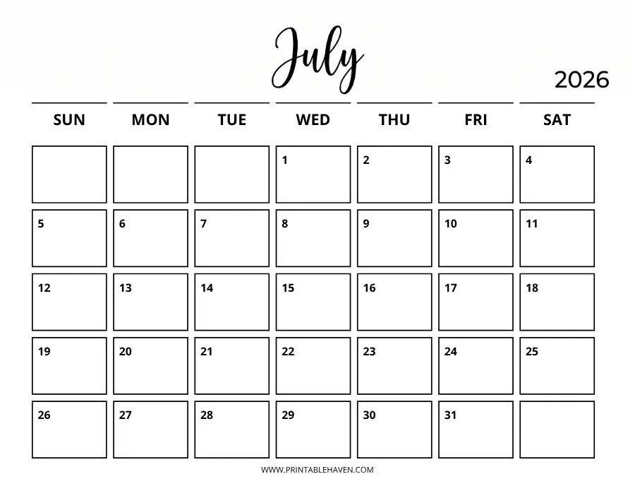 Minimalist blank July 2026 calendar printable with a clean, black and white design and large date boxes for easy planning.