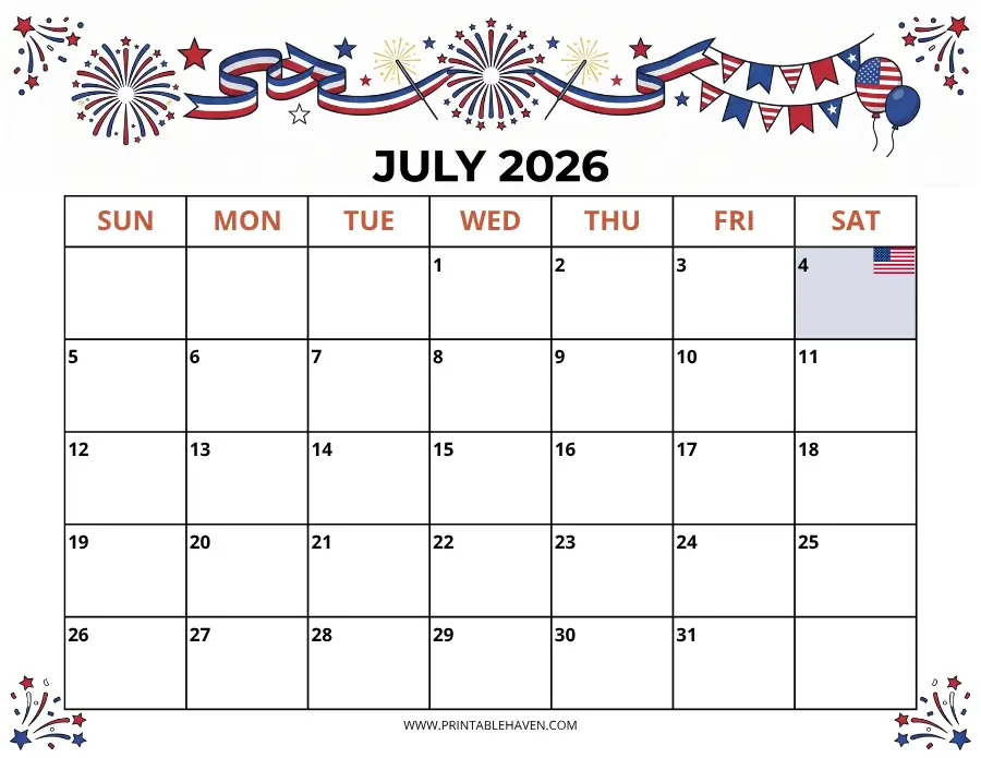 Patriotic July 2026 calendar printable featuring 4th of July fireworks, red white and blue bunting, and Independence Day marked.