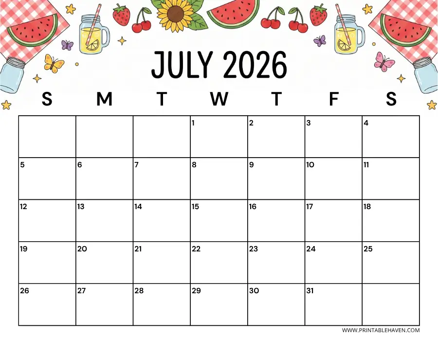 Cute summer picnic July 2026 calendar template with watermelon, lemonade, and strawberry illustrations for seasonal planning.