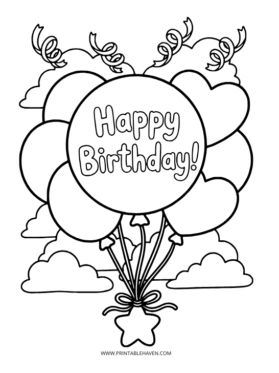 A floating bouquet of balloons with a greeting message in the center. Classic happy birthday coloring pages PDF.