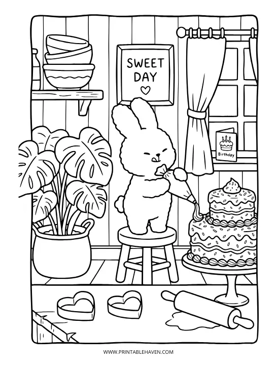 A cute bunny decorating a large two-tier birthday cake with a piping bag. Sweet bakery-themed happy birthday coloring pages.