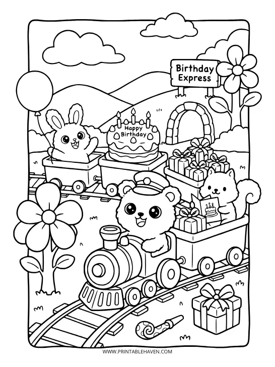 A bear driving the Birthday Express train carrying a bunny, squirrel, and a cake. Fun printable happy birthday coloring pages.