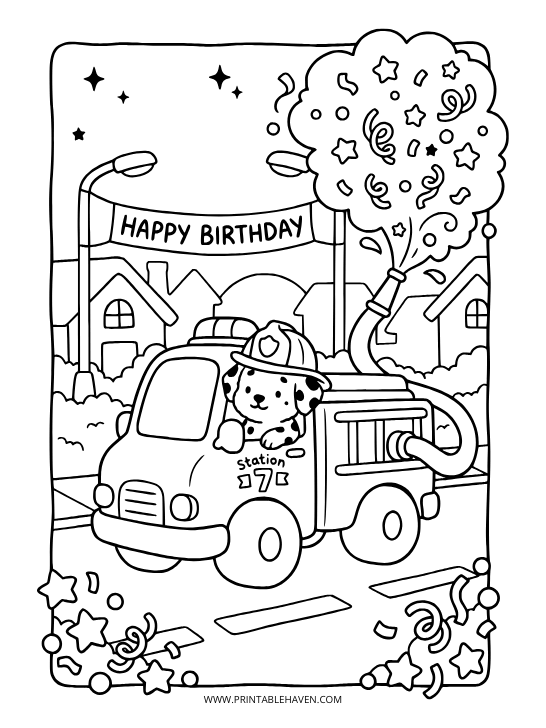 A dalmatian driving a fire truck that is spraying birthday confetti. Action-packed kids happy birthday coloring pages to print.