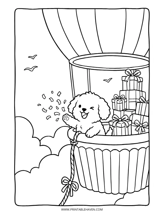A happy puppy waving from a hot air balloon basket carrying stacked presents. Free happy birthday coloring pages for children.