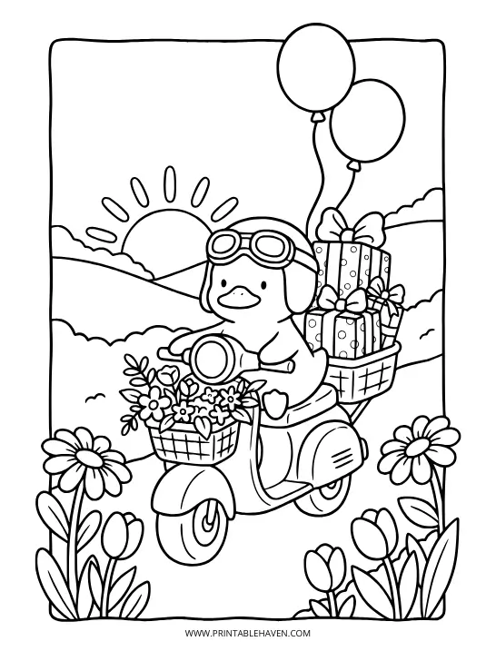 A duck wearing goggles riding a scooter filled with flowers and birthday presents. Cute animal happy birthday coloring pages.
