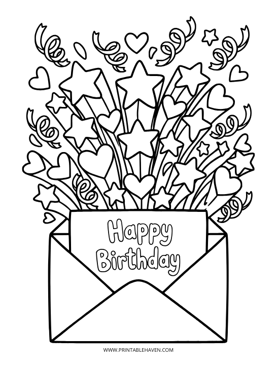 An open envelope exploding with stars, hearts, and a greeting card. A fun printable variation of happy birthday coloring pages.