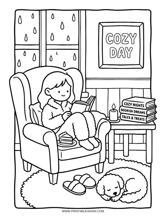 A girl reading in a cozy armchair with a sleeping dog and a slice of cake. Relaxing happy birthday coloring pages for adults.
