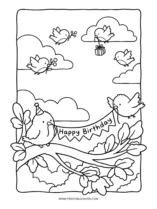 Cheerful birds holding a birthday banner while flying through the clouds. Nature-inspired happy birthday coloring pages printable.