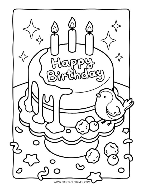 A frosted cake with three glowing candles and a little bird on a table. Classic happy birthday coloring pages PDF.