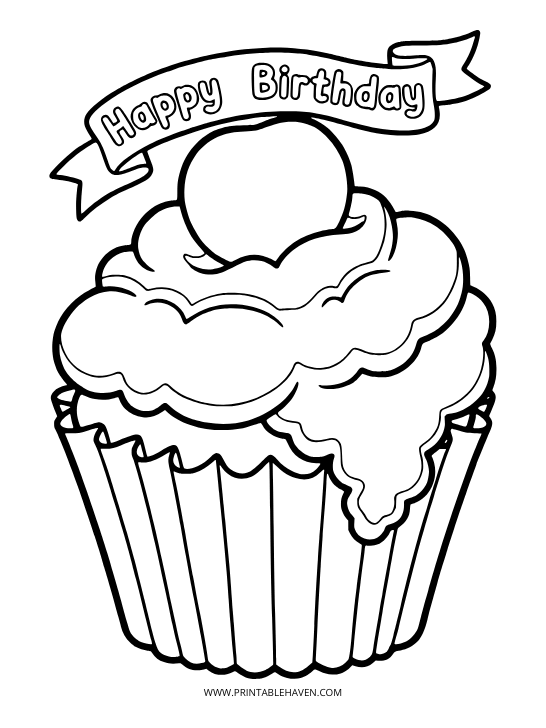 A large frosted cupcake with a cherry and a banner. Perfect for those searching for happy birthday coloring pages.