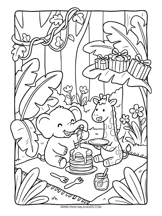 A baby elephant and giraffe sharing a pancake picnic in the jungle. Cute animal happy birthday coloring pages to print.
