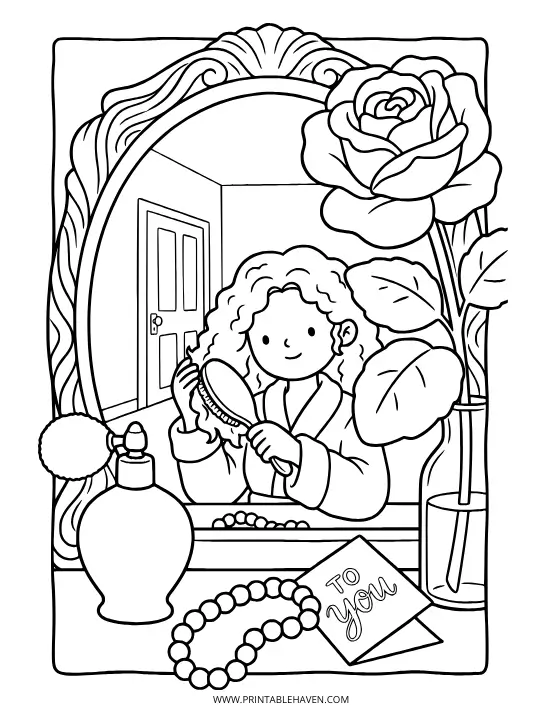A girl brushing her hair at a vanity mirror featuring a large rose and jewelry. Elegant princess happy birthday coloring pages.