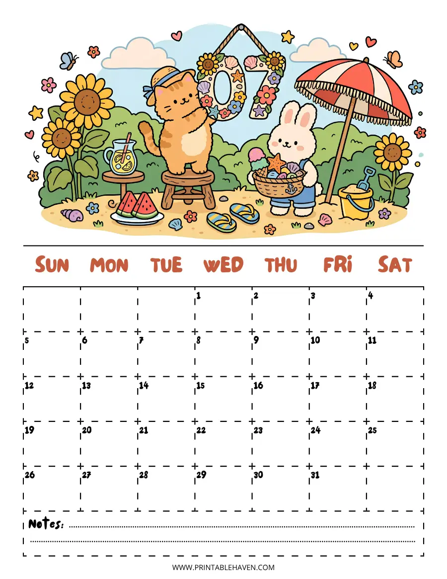 Cute cozy July 2026 calendar printable featuring a vibrant digital illustration of a ginger cat and bunny at the beach with bold dashed lines.