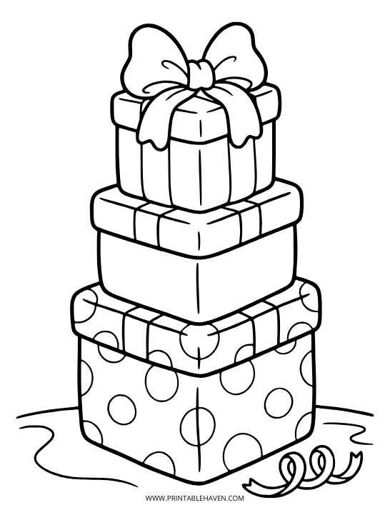 A stack of three wrapped gifts topped with a large ribbon bow. Easy and simple happy birthday coloring pages.