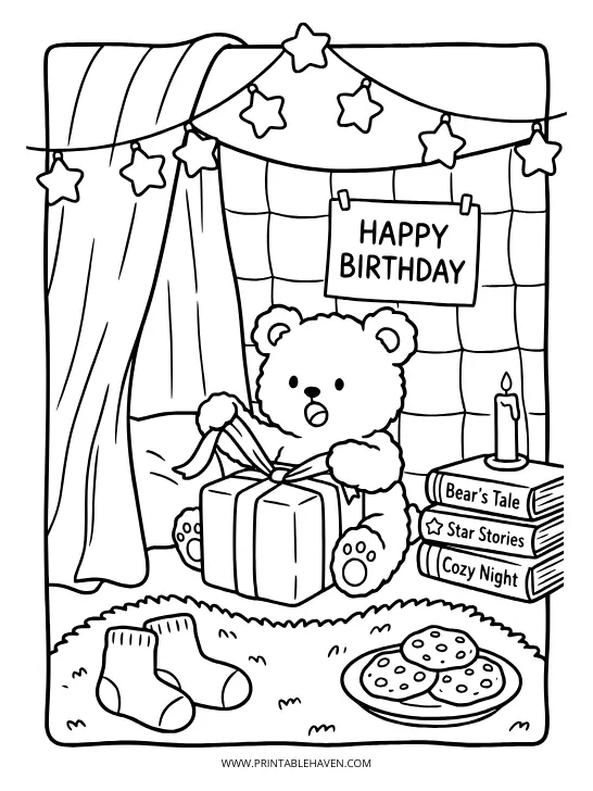 A teddy bear opening a birthday present in a cozy room with books and cookies. Relaxing happy birthday coloring pages for adults and kids.