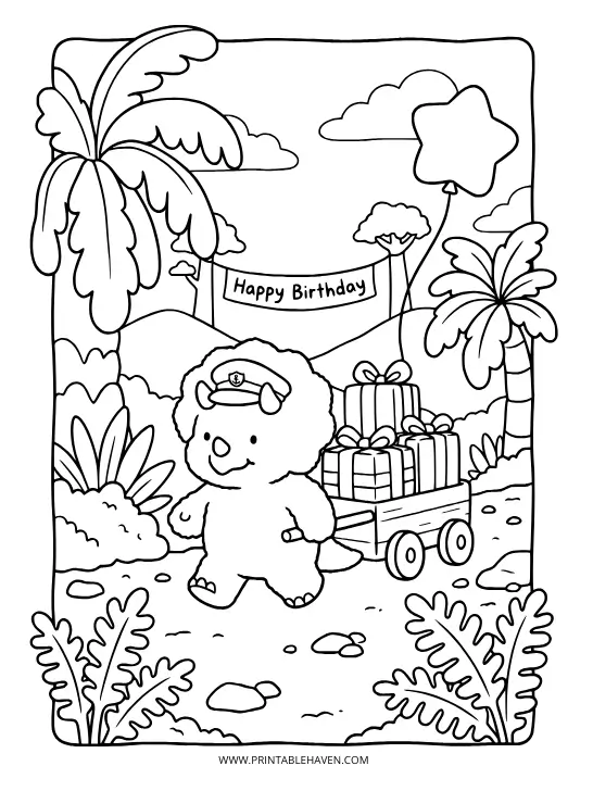 A cute dinosaur pulling a wagon of presents under palm trees and a birthday banner. Tropical printable happy birthday coloring pages.