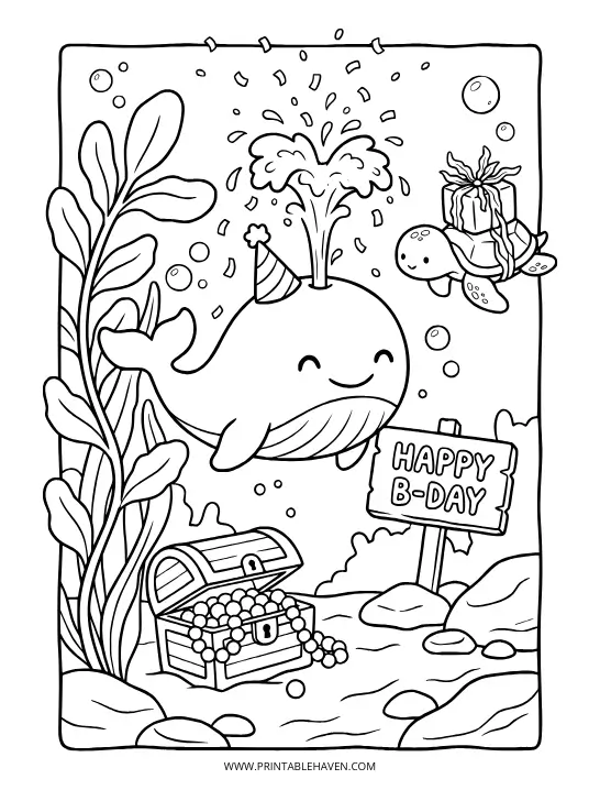A cheerful whale wearing a party hat underwater next to a turtle and treasure chest. Fun ocean-themed happy birthday coloring pages for kids.