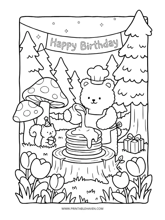 A bear chef pouring syrup over a tall stack of pancakes in the forest. Whimsical woodland happy birthday coloring pages PDF.