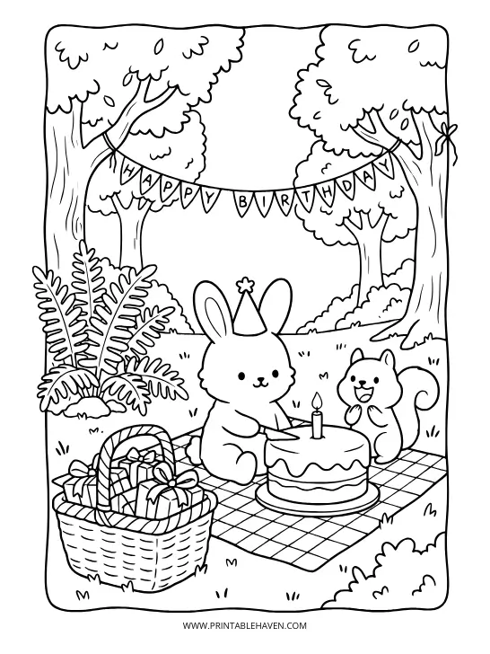 A bunny slicing a birthday cake next to a squirrel on a forest picnic blanket. Free happy birthday coloring pages for children.