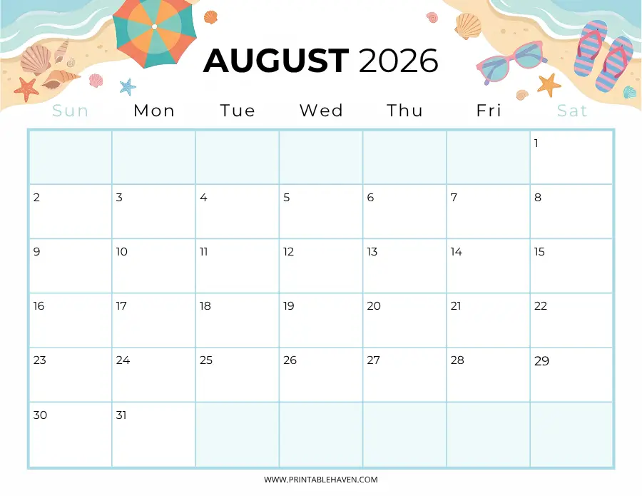 A beach summer august 2026 calendar printable featuring illustrations of waves, seashells, flip-flops, sunglasses, and a beach umbrella bordering the blank grid.