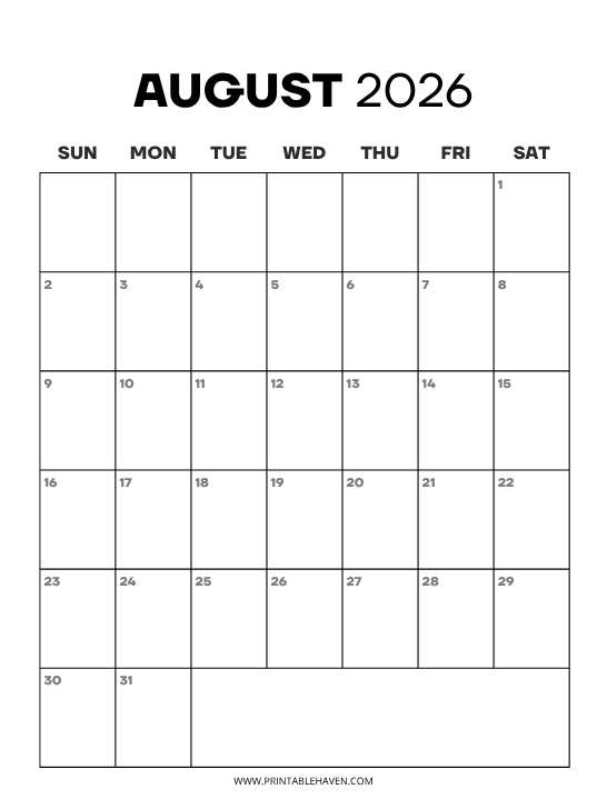 A bold minimalist august 2026 calendar printable with a simple, clean black-and-white grid structure for writing events and appointments