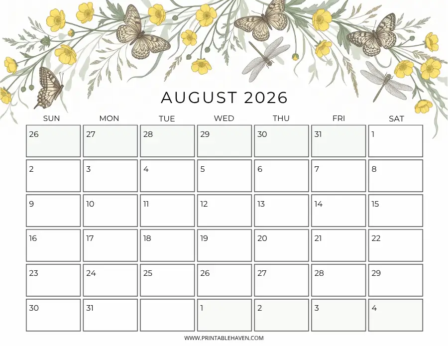 A delicate butterflies and buttercups august 2026 calendar featuring a decorative border of botanical illustrations with various butterflies, dragonflies, and yellow flowers.