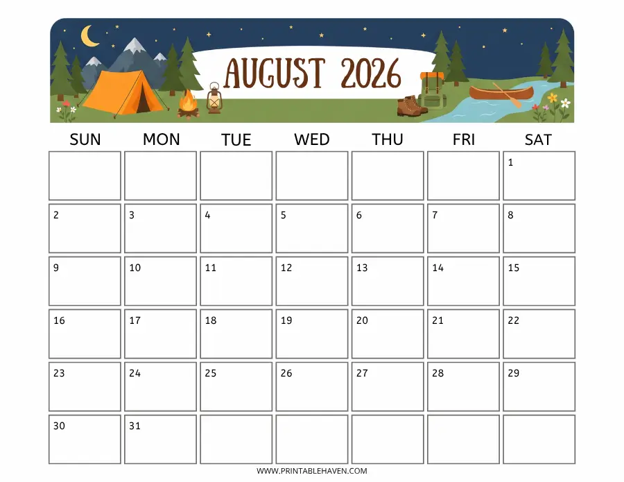 A camping adventure august 2026 calendar printable with a cartoon illustration of a night-time campsite including a tent, campfire, canoe, and mountains.
