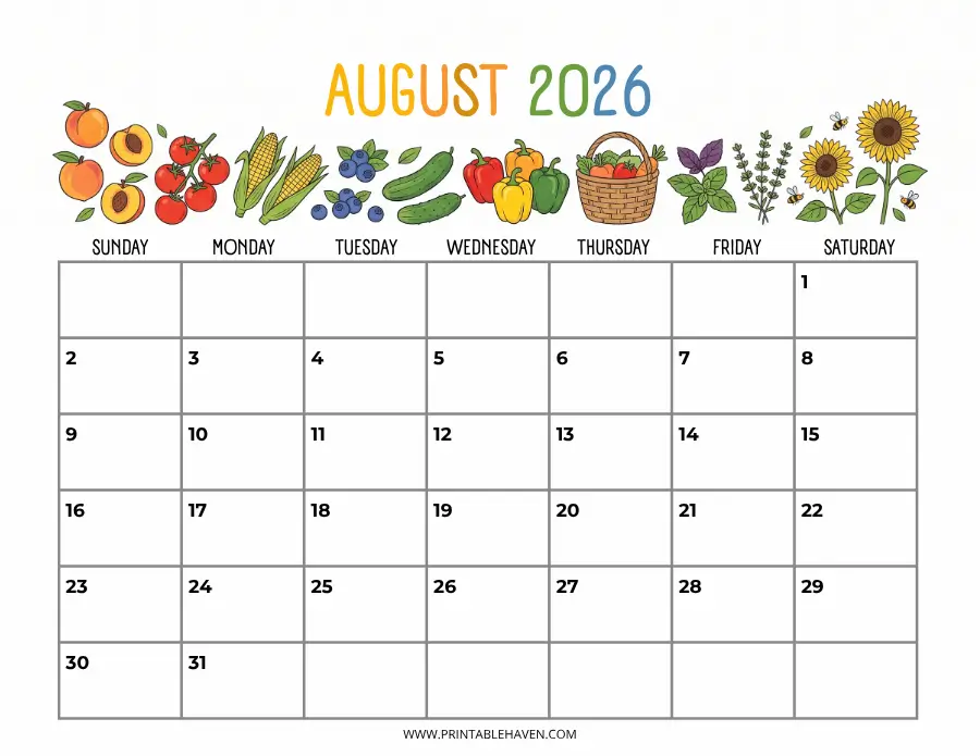 A farmers market august 2026 calendar with a colourful border of illustrations showing fresh summer vegetables and fruits like corn, tomatoes, cucumbers, bell peppers, and sunflowers