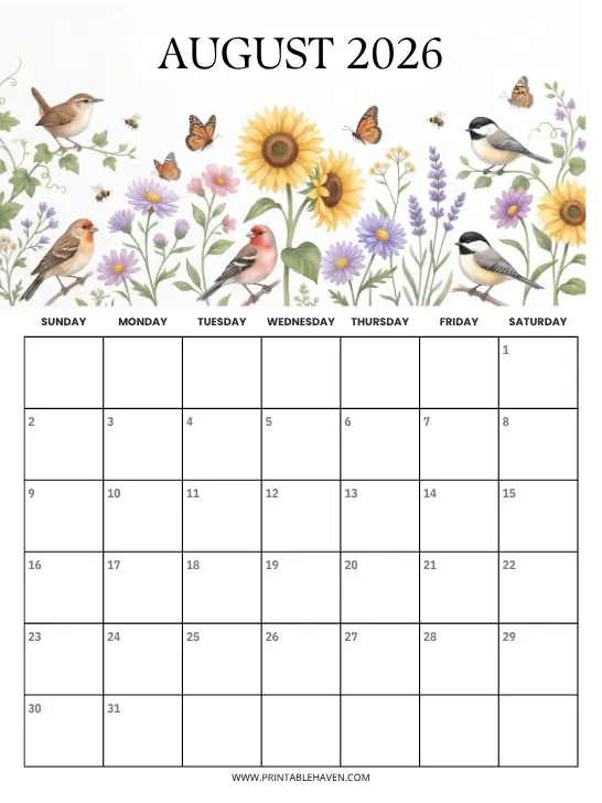 A garden birds august 2026 calendar featuring detailed illustrations of various wild birds (like wrens, finches, and chickadees) perched among a border of sunflowers, lavender, and other wildflowers