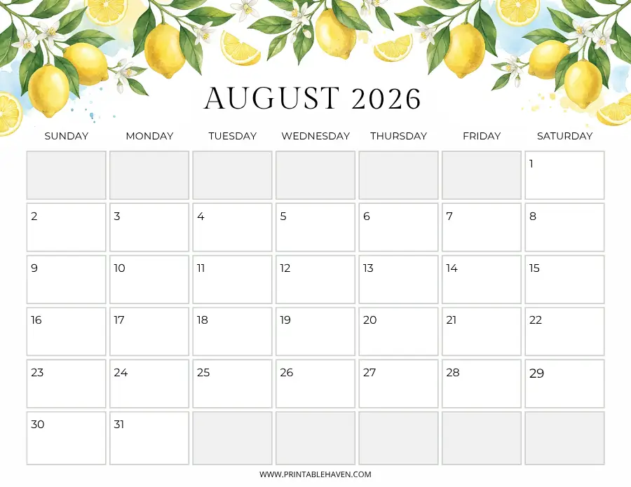 A lemon orchard august 2026 calendar with a decorative border of watercolor illustrations depicting ripe yellow lemons on leafy branches with blossomsA lemon orchard august 2026 calendar with a decorative border of watercolor illustrations depicting ripe yellow lemons on leafy branches with blossoms.