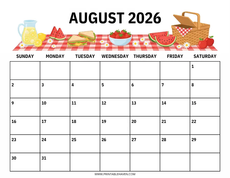 A picnic-themed august 2026 calendar printable with an illustration of a picnic basket, watermelon slices, sandwiches, and a jug of lemonade on a red-checkered tablecloth border.