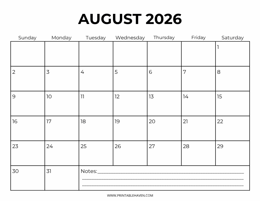 A simple and minimal landscape august 2026 calendar printable featuring a clean black-and-white grid with a dedicated notes section at the bottom