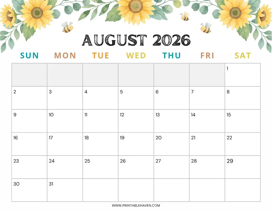 A sunflower meadow august 2026 calendar printable with a cheerful watercolor border of yellow sunflowers, green leaves, and small flying bees