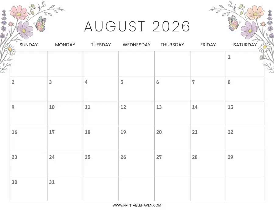 A wildflower garden august 2026 calendar printable featuring a delicate top corner border of soft pastel flowers and small butterflies