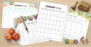 A top-down view of a wooden desk scattered with four different printable designs of an august 2026 calendar. The designs include a plain black-and-white version, a summer beach theme, a lemon and leaves motif, and a fruit and berry motif. The calendars are surrounded by decorative desk items, including a sleek pen, a glass bowl holding three peaches, a small stack of vintage books, a miniature brass bell, push pins, and wooden letter blocks spelling out "AUG".