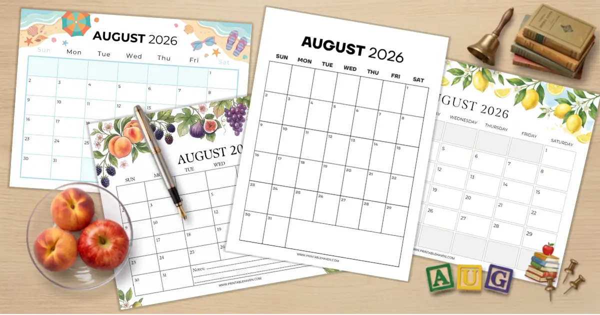 A top-down view of a wooden desk scattered with four different printable designs of an august 2026 calendar. The designs include a plain black-and-white version, a summer beach theme, a lemon and leaves motif, and a fruit and berry motif. The calendars are surrounded by decorative desk items, including a sleek pen, a glass bowl holding three peaches, a small stack of vintage books, a miniature brass bell, push pins, and wooden letter blocks spelling out "AUG".