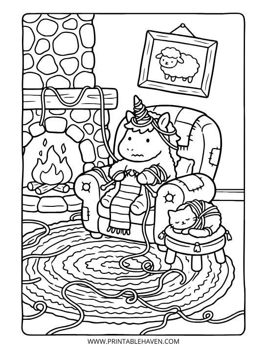 Cozy unicorn knitting a scarf in a patchwork armchair next to a crackling fireplace and sleeping cat on a printable unicorn coloring sheet.