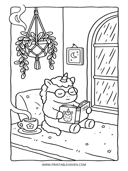 Kawaii unicorn wearing glasses and reading a book by a rainy window with a warm cup of tea on a cozy unicorn coloring page PDF.