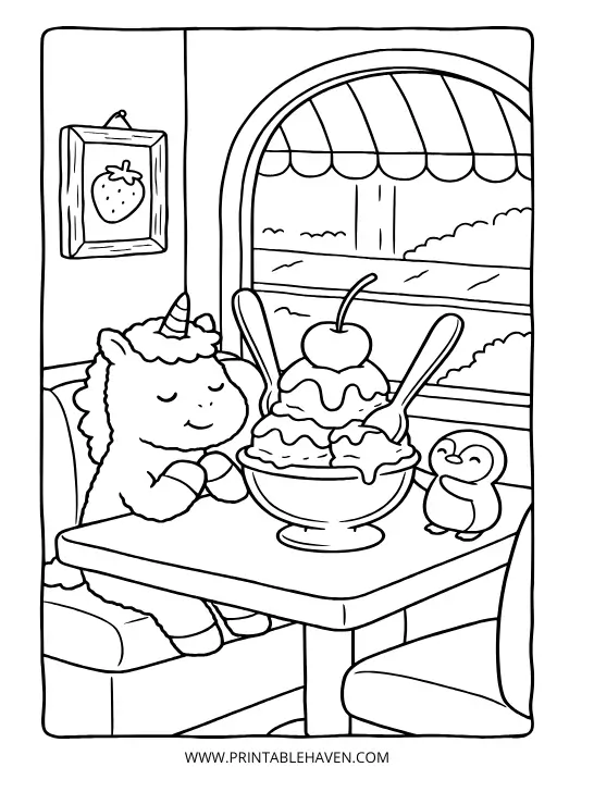 Sweet unicorn sitting at a cafe table with a little penguin companion enjoying a giant ice cream sundae on a fun unicorn coloring page.