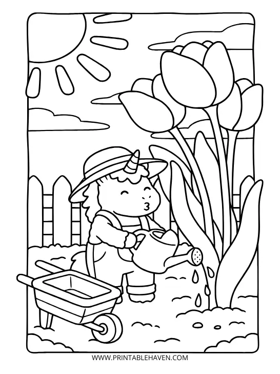 Cheerful unicorn in overalls and a sunhat watering giant spring tulips with a watering can on a thick-lined unicorn coloring page for kids.