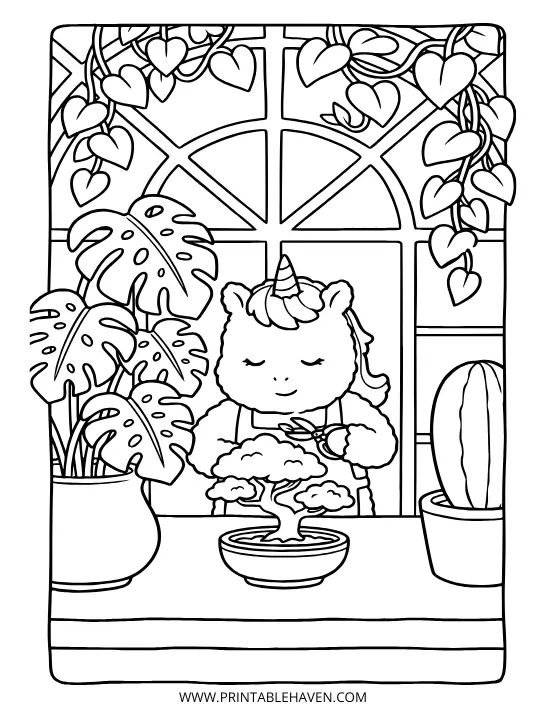 Plant-loving unicorn trimming a bonsai tree in a cozy greenhouse surrounded by potted monstera plants on a free printable unicorn coloring page.