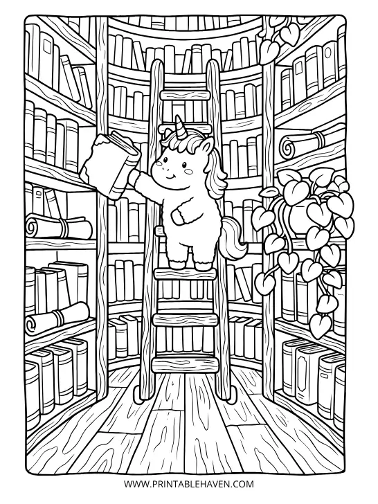 Magical unicorn reaching for a book on a rolling ladder inside a tall circular library on a detailed printable unicorn coloring page.