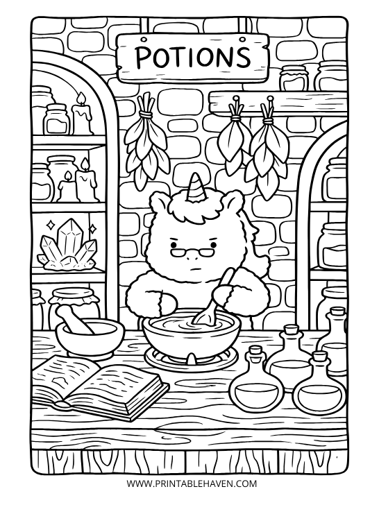 Unicorn stirring a bubbling cauldron inside a magical potion shop filled with spell books and crystals on a fun fantasy coloring sheet.
